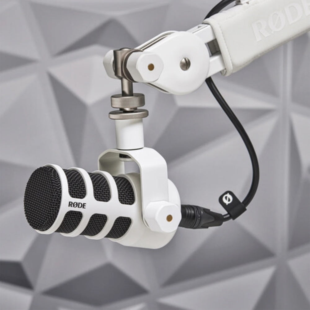 Rode PodMic Dynamic Podcasting Microphone | White Bundle with Studio Headphones + XLR Cable + Pop Filter + Icon Pro Audio USolo Recording Interface + Mic Arm + Cleaning Cloth (7 Items)