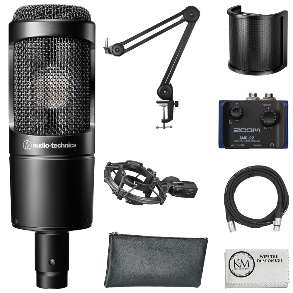 Audio-Technica AT2035 Cardioid Condenser Microphone Bundle with Audio Interface + Microphone Arm + Pop Filter + XLR Cable + Cleaning Cloth (6 Items)