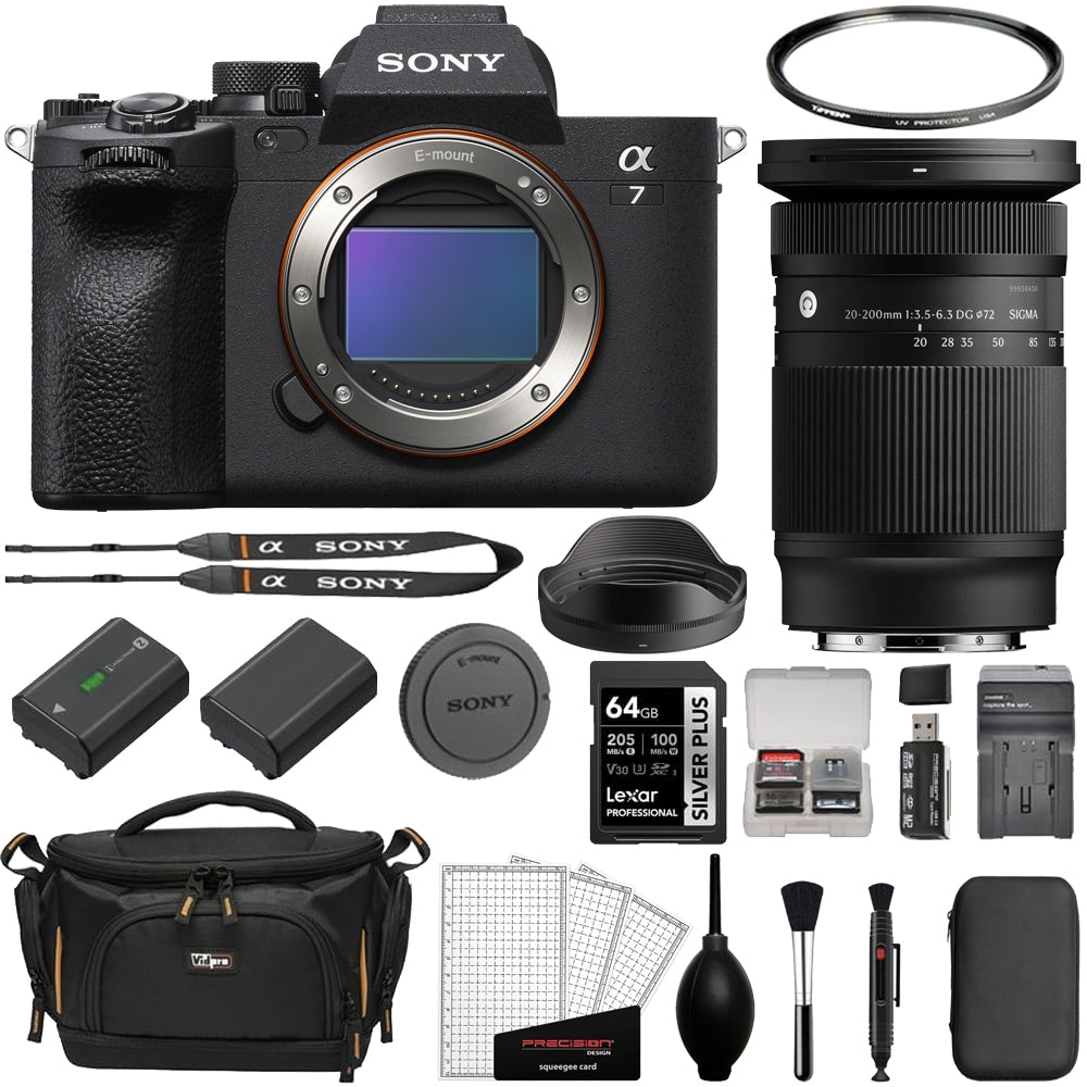 Sony Alpha a7 IV Mirrorless Digital Camera (Body Only) Bundled with Sigma 20-200mm f/3.5-6.3 DG Contemporary Lens + 64GB Card + UV Filter + Extra Battery + Cleaning Kit + Camera Bag