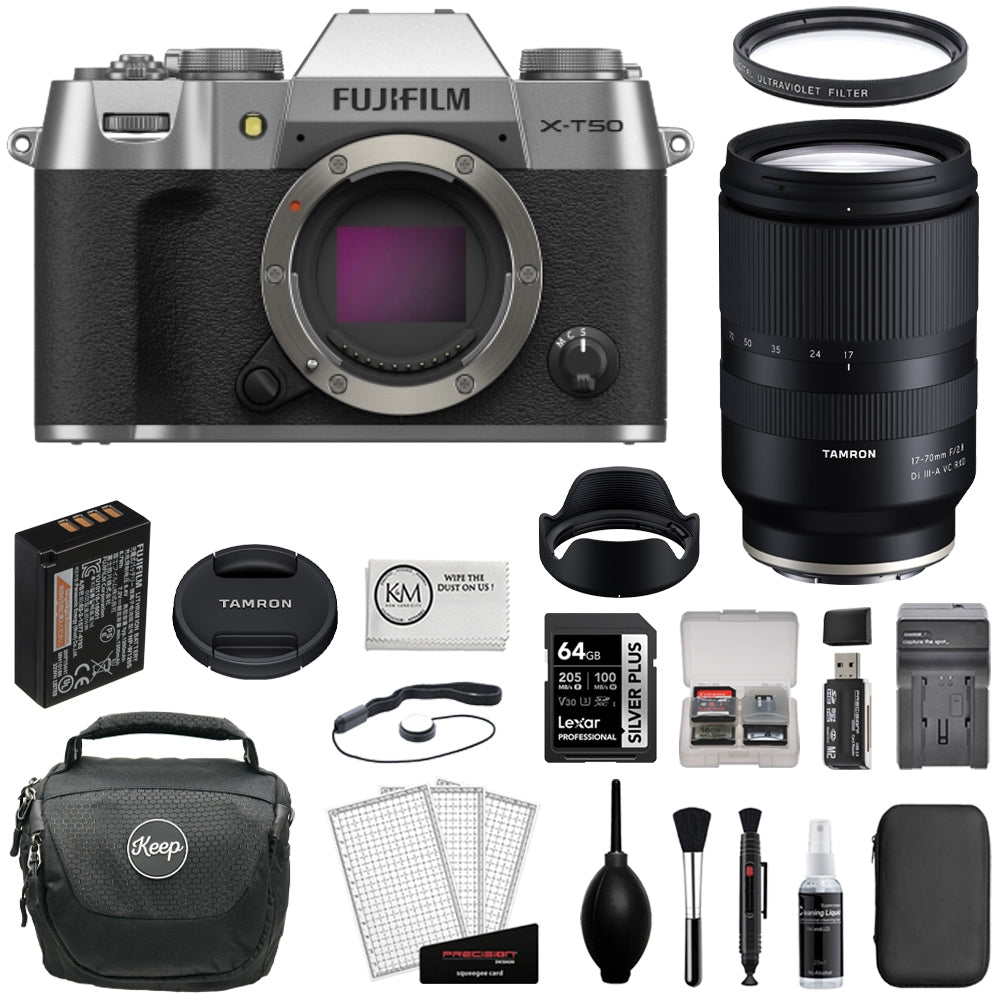 FUJIFILM X-T50 Mirrorless Camera (Silver) Bundle with Tamron 17-70mm f/2.8 Di III-A VC RXD Lens + 64GB Card + UV Filter + Battery Charger + Camera Bag + Cleaning Kit + Microfiber Cloth (12 Items)