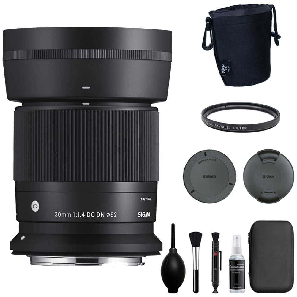 Sigma 30mm f/1.4 Contemporary DC DN Lens for Canon RF Mount Bundle with Lens Pouch + UV Filter + Photo Starter Kit + Cleaning Cloth (5 Item)