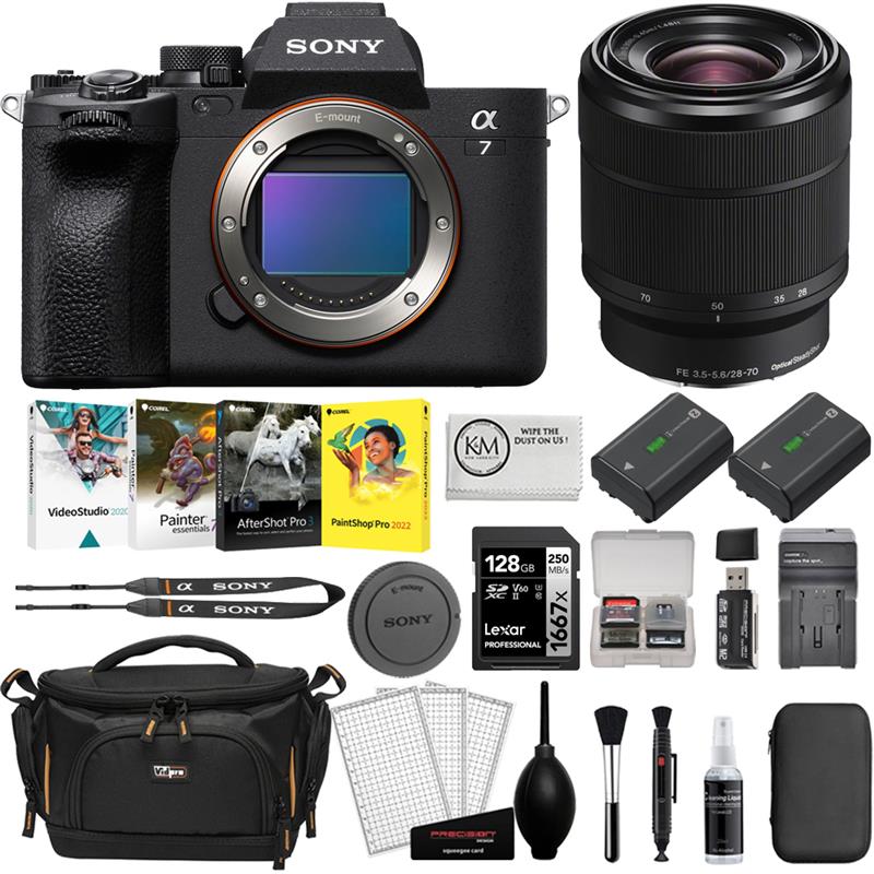 Sony a7 IV Mirrorless Camera with 28-70mm Lens with 64GB SD Card + Photo Software + Camera Bag + Cleaning Kit + Battery & Charger + Screen Protectors + Card Reader + Cleaning Cloth (12 Items)