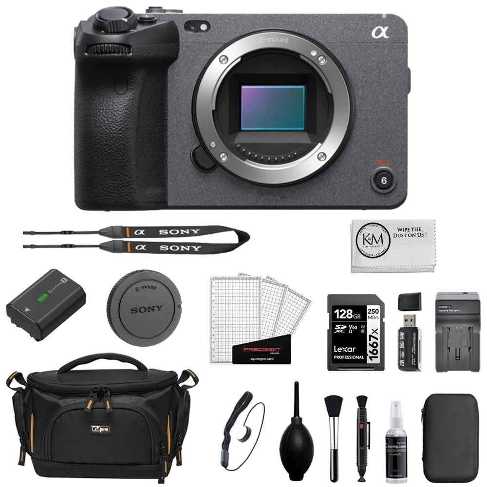 Sony FX30 Digital Cinema Camera Bundle with 128GB Memory Card + Battery Charger + Camera Bag + Cleaning Kit + Cleaning Cloth (9 Items)