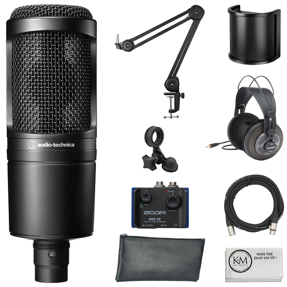 Audio-Technica AT2020 Cardioid Condenser Microphone Bundle with Audio Interface + Studio Headphones + Microphone Arm + Pop Filter + XLR Cable + Cleaning Cloth (7 Items)
