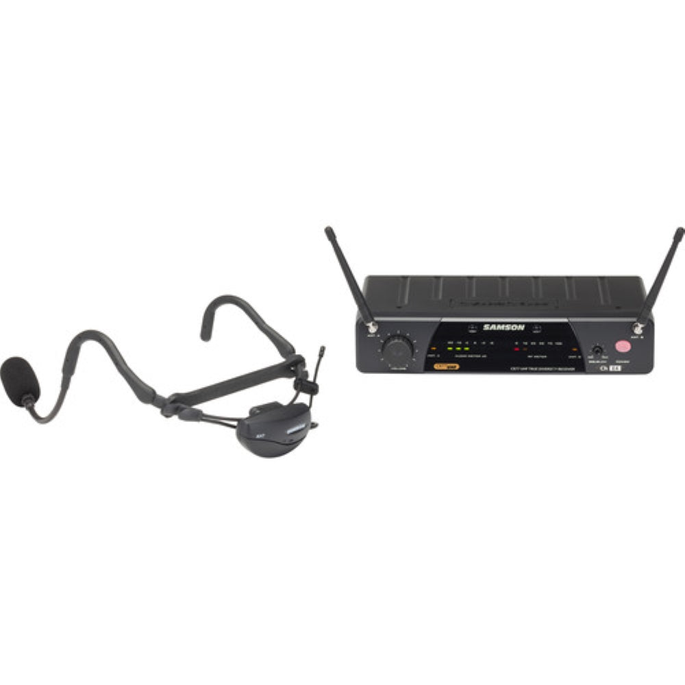 Samson AirLine 77 AH7 Wireless Fitness Headset Microphone System | K1: 489.050 MHz with Samson Expedition Escape+ 6 Portable PA System + Colorful Mic Windscreens + 4 x AAA Batteries + Cloth (5 Items)
