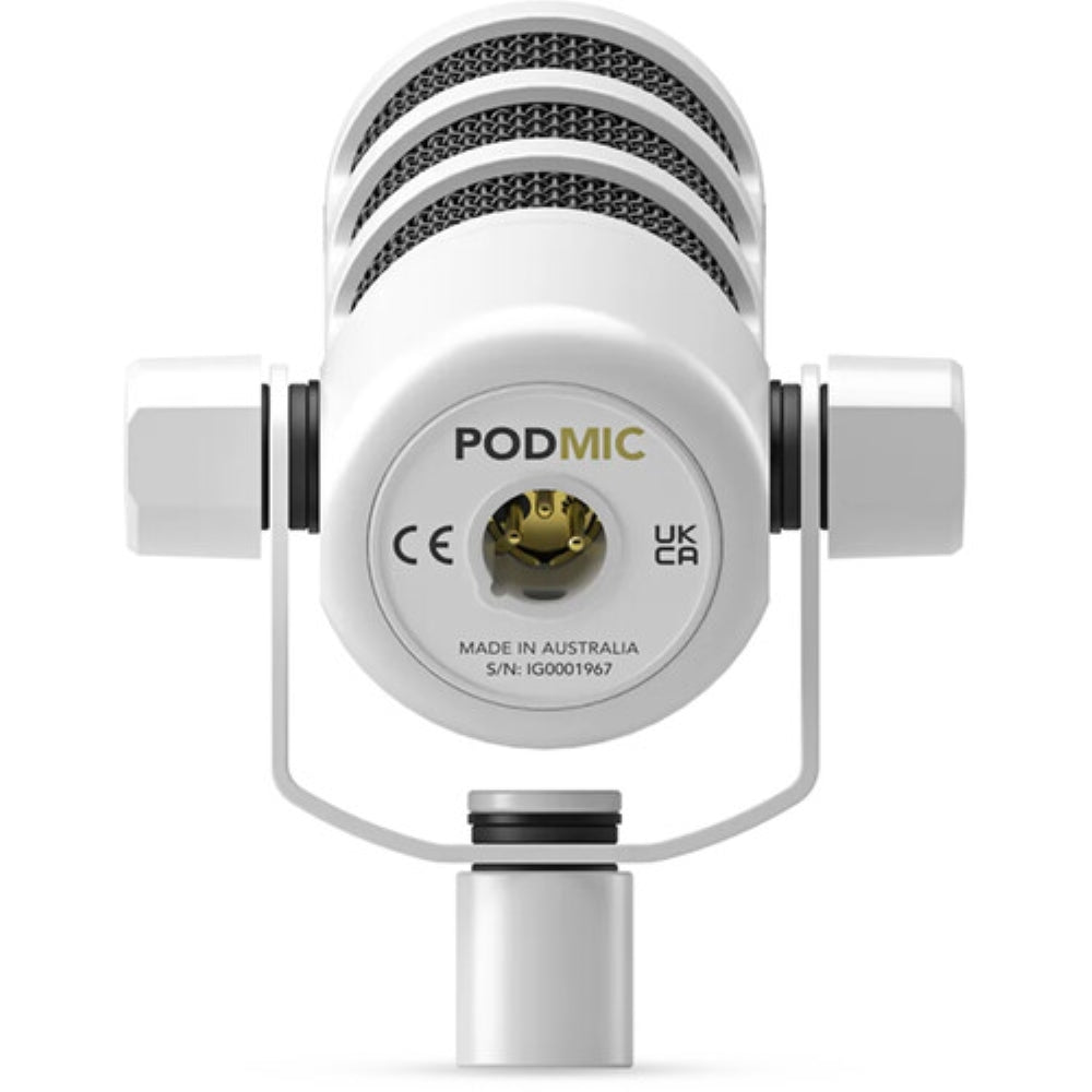 Rode PodMic Dynamic Podcasting Microphone | White Bundle with Studio Headphones + XLR Cable + Pop Filter + Icon Pro Audio USolo Recording Interface + Mic Arm + Cleaning Cloth (7 Items)