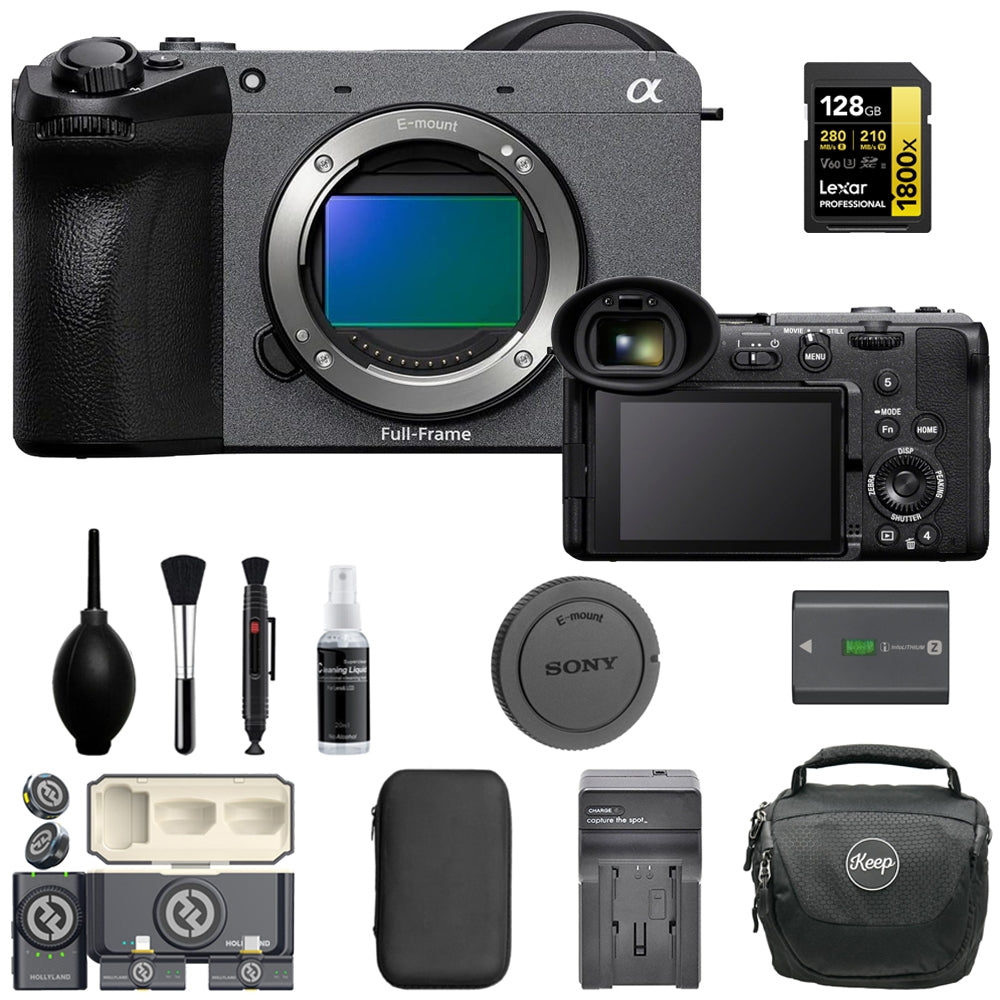 Sony FX2 Digital Cinema Camera Bundle with 128GB Memory Card + Hollyland LARK M2 DUO 2-Person Wireless Mic System + Battery Charger + Cleaning Kit + Camera Bag + Cleaning Cloth (7 Items)