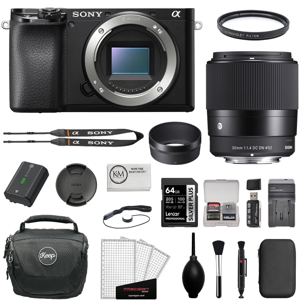 Sony Alpha a6100 Mirrorless Digital Camera (Body Only) Bundle with Sigma 30mm f/1.4 Contemporary DC DN Lens + 64GB Card + UV Filter + Cleaning Kit + Camera Shoulder Bag (12 Items)