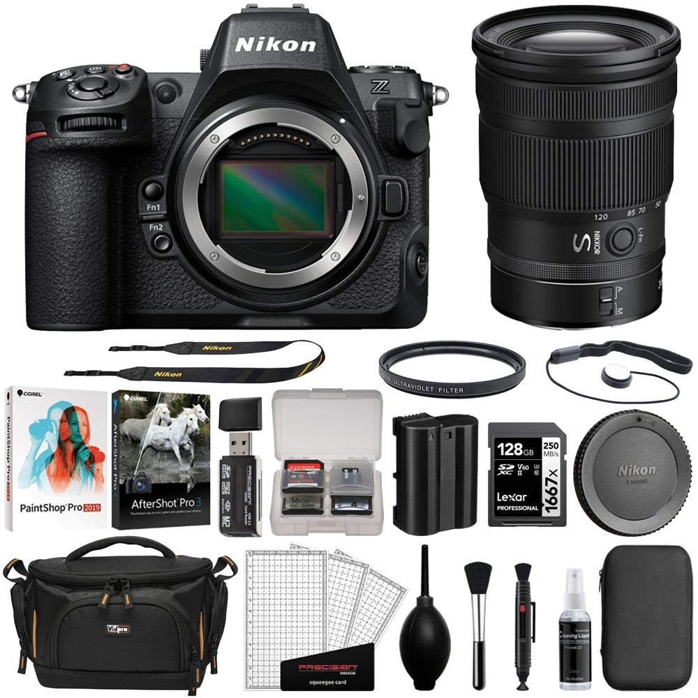 Nikon Z8 Mirrorless Camera with 24-120mm f/4 Lens Bundle with 128GB Memory Card + Corel Photo Bundle + Card Case + Card Reader + Screen Protectors + Camera Bag + Cleaning Kit (12 Items)
