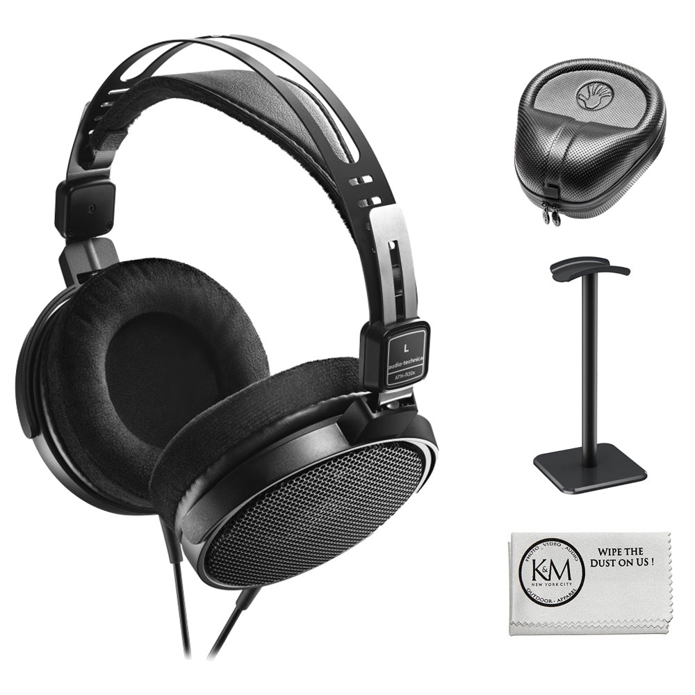 Audio-Technica ATH-R30x Open-Back Reference Headphones with Full-Sized Hard Headphone Case + Headphones Stand & Cloth (4 Items)