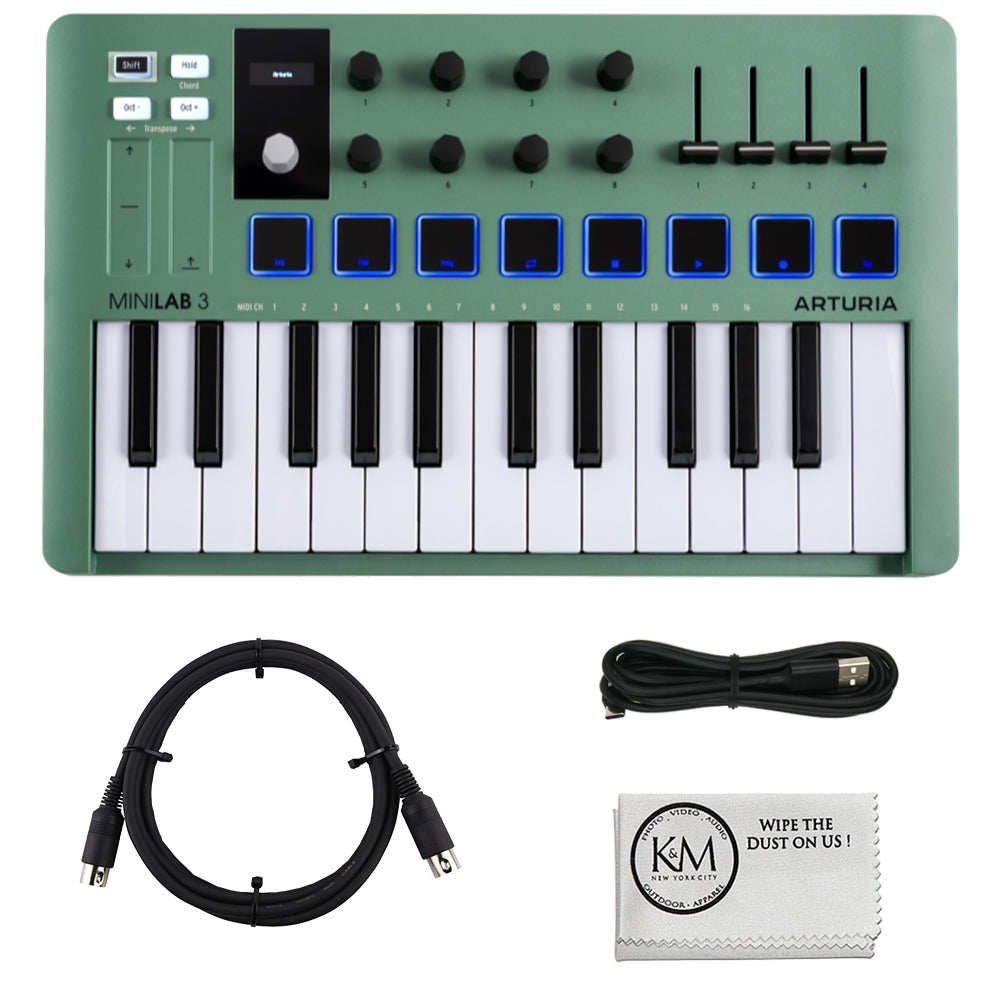 Arturia MiniLab 3 Compact MIDI Keyboard and Pad Controller (Mint Green) Bundled with MIDI Cable + Microfiber Cleaning Cloth (3 Items)