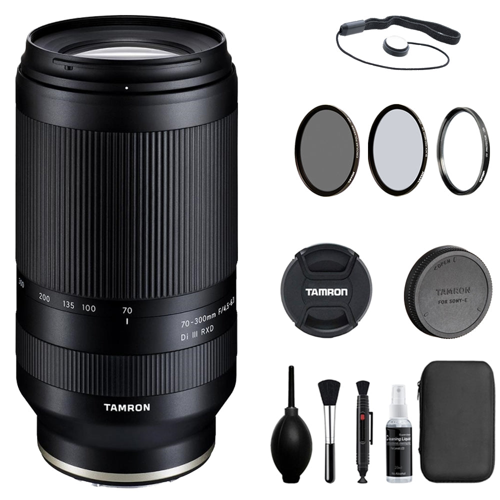 Tamron 70-300mm F/4.5-6.3 Di III RXD Lens Compatible with E Mount (Full Frame) Bundle with Tiffen Filter Set + Lens Cap Keeper + Deluxe Cleaning Kit + Cleaning Cloth (5 Items)
