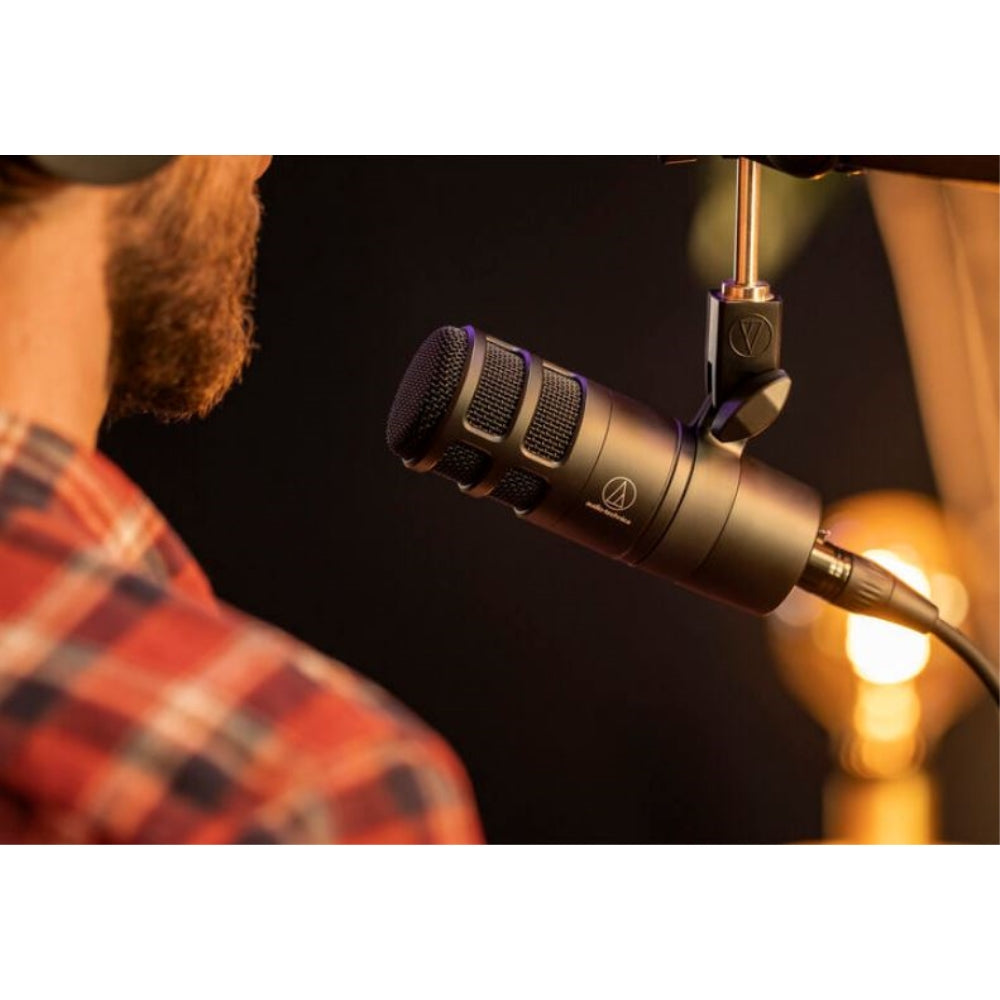 Audio-Technica AT2040 Hypercardioid Dynamic Podcast Microphone Bundle with Studio Headphones + 20ft XLR Cable + AT8176 Foam Windscreen + Microphone Desktop Stand + Cleaning Cloth (6 Items)