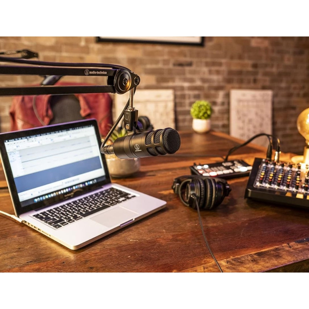 Audio-Technica AT2040 Hypercardioid Dynamic Podcast Microphone Bundle with Studio Headphones + 20ft XLR Cable + AT8176 Foam Windscreen + Microphone Desktop Stand + Cleaning Cloth (6 Items)