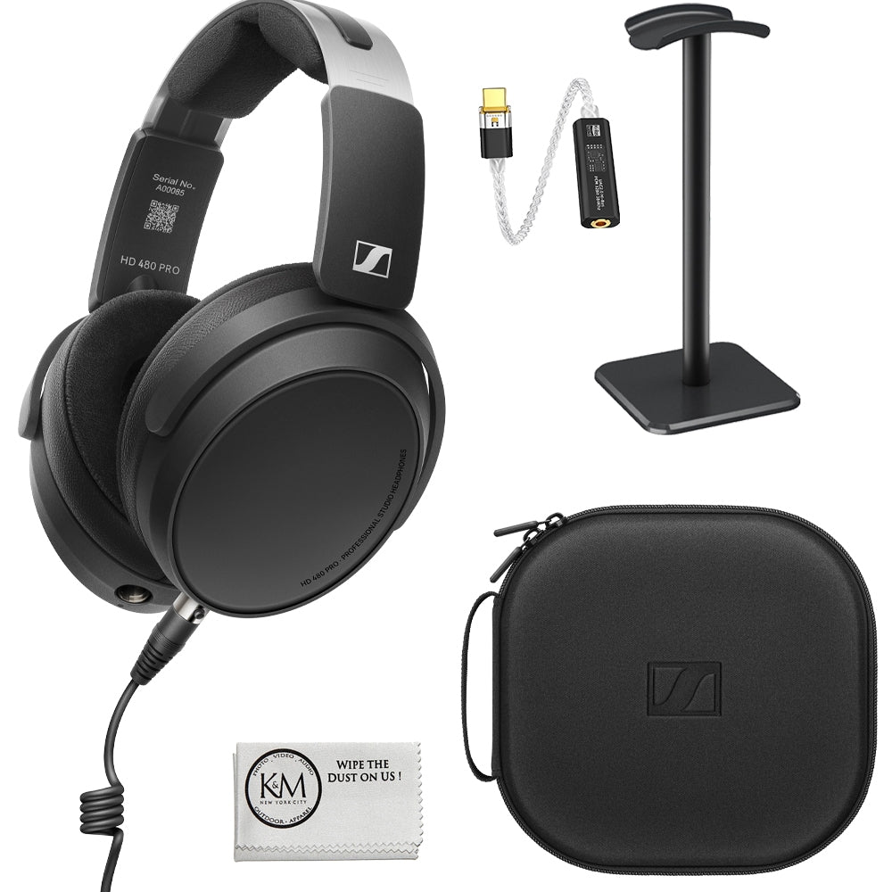 Sennheiser HD 480 PRO Plus Professional Recording & Monitoring Headphones Bundle with USB-C Headphone Adapter w/ Built-In DAC + Headphones Stand + Cleaning Cloth (4 Items)