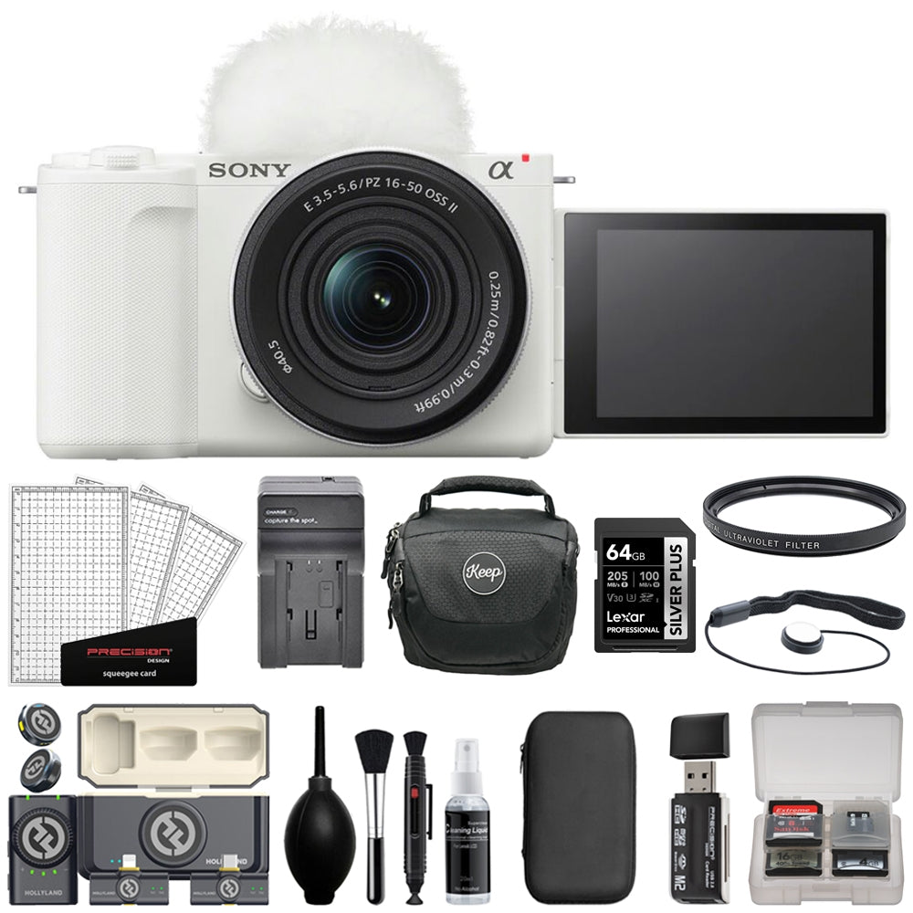 Sony ZV-E10 II Mirrorless Camera with 16-50mm Lens | White Bundle with 64GB Card + Hollyland LARK M2 DUO 2-Person Wireless Mic System + Card Reader + Charger + Camera Bag + Cleaning Kit (12 Items)