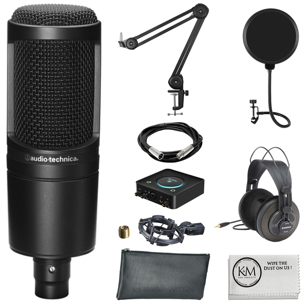 Audio-Technica AT2050 Multi-Pattern Condenser Microphone Bundle with Studio Headphones + XLR Cable + Pop Filter + Icon Pro Audio USolo Recording Interface + Mic Arm + Cleaning Cloth (7 Items)
