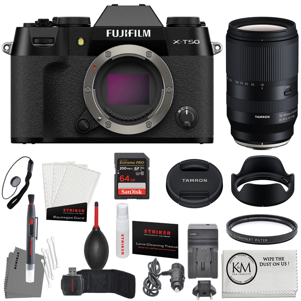 Fujifilm X-T50 Mirrorless Camera | Black Bundle with Tamron 18-300mm f/3.5-6.3 Di III-A VC VXD Lens + 64GB SD Card + UV Filter + Battery Charger + Photo Starter Kit + Cleaning Cloth (7 Items)