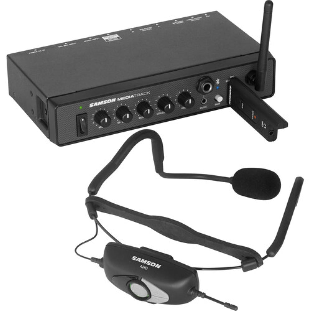 Samson AirLine XD USB Fitness Headset System | 2.4 GHz with Samson Expedition Escape+ 6 Portable PA System + Colorful Mic Windscreens + Cloth (4 Items)