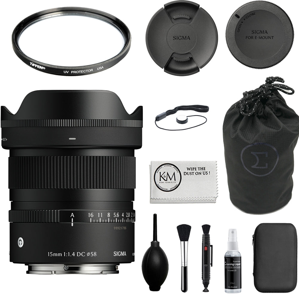 Sigma 15mm f/1.4 DC Contemporary Lens Compatible with Sony E Mount (APS-C) Bundle with 58mm UV Filter + Lens Cap Keeper + Cleaning Kit (5 Items)