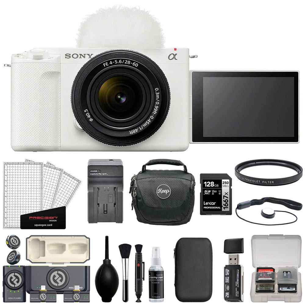 Sony ZV-E1 Mirrorless Camera with 28-60mm Lens | White Bundle with 128GB Card + Hollyland LARK M2 DUO 2-Person Wireless Mic System + Card Reader + Charger + Camera Bag + Cleaning Kit (12 Items)