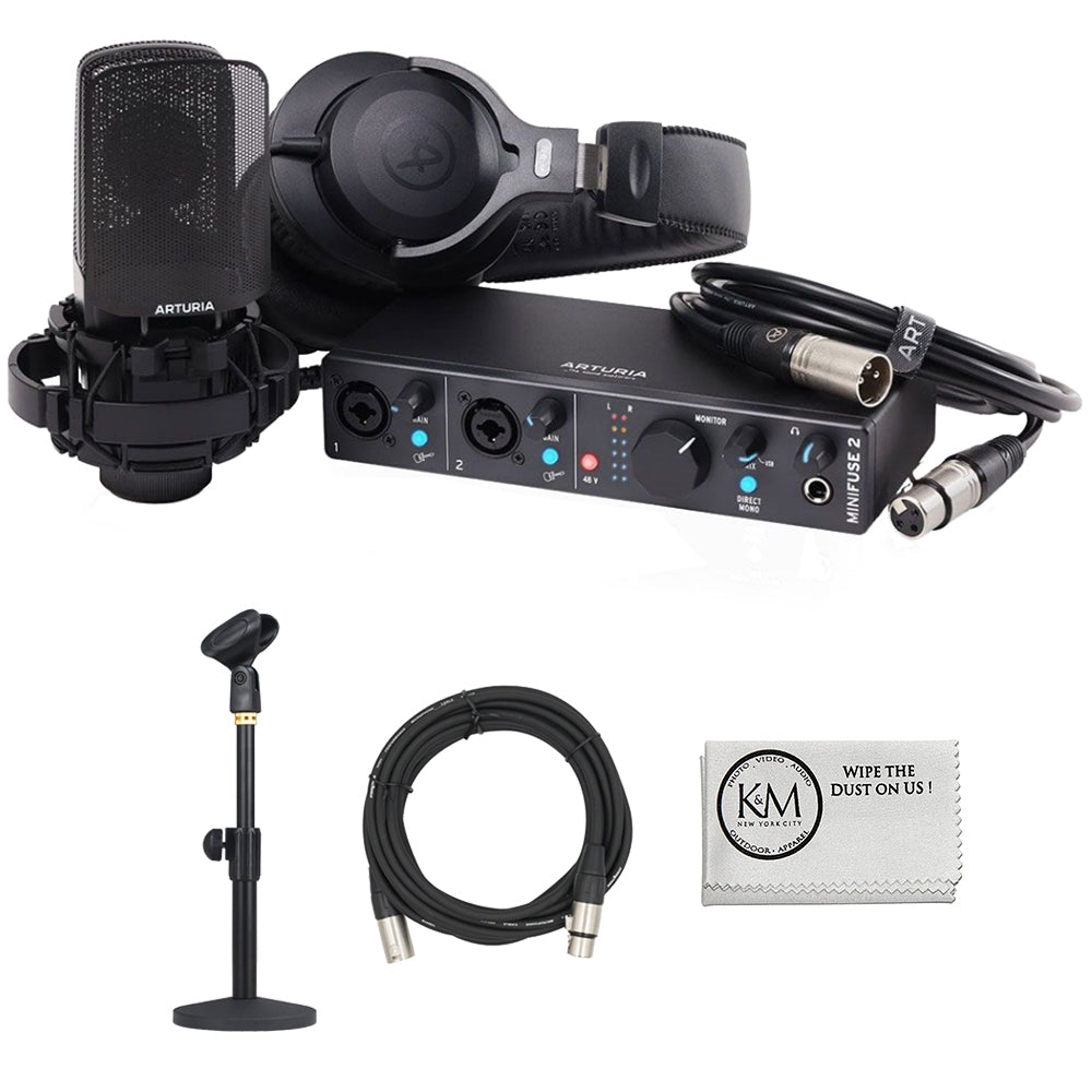 Arturia Minifuse Recording Pack | Black Bundle with 20-Ft XLR Microphone Cable + Microphone Desktop Stand + Microfiber Cleaning Cloth (4 Items)