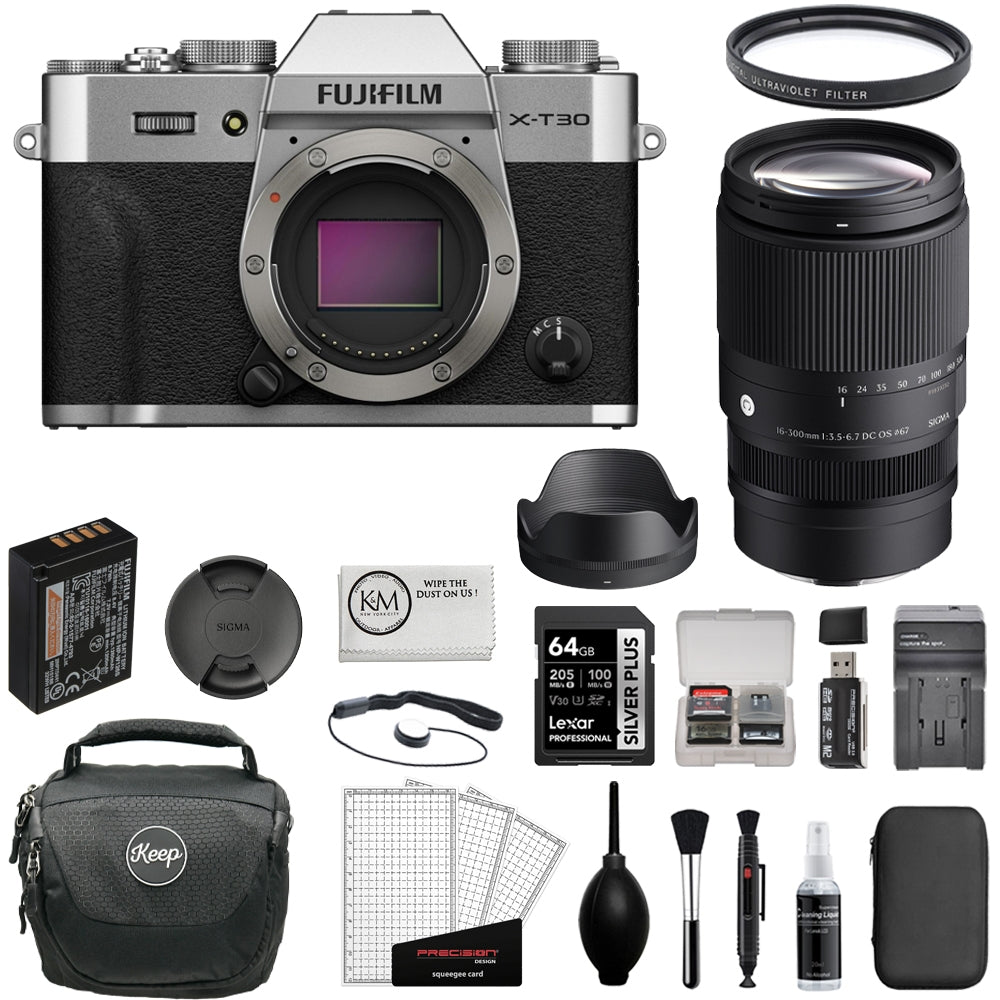 FUJIFILM X-T30 III Mirrorless Camera (Silver) Bundle with Sigma 16-300mm f/3.5-6.7 DC OS Contemporary Lens + 64GB Card + Camera Bag + Battery Charger + Card Reader + Cleaning Kit (12 Items)