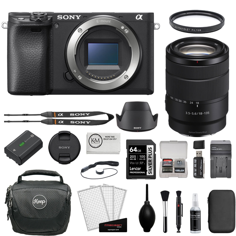 Sony Alpha a6400 Mirrorless Digital Camera with 18-135mm Lens Kit Bundle with 64GB Memory Card + Medium Camera Shoulder Bag + Cleaning Kit (11 Items)