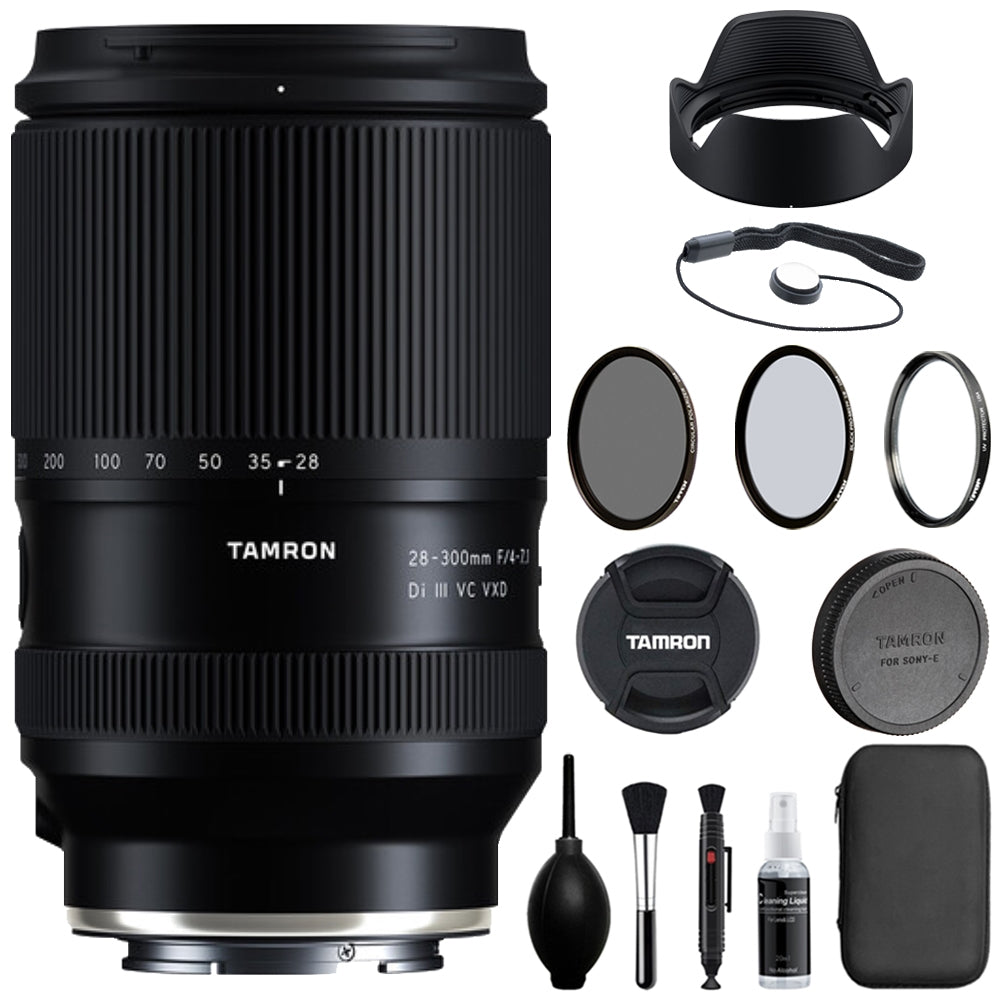 Tamron 28-300mm f/4-7.1 Di III VC VXD Lens Compatible with E Mount (Full Frame) Bundle with Tiffen Filter Set + Lens Cap Keeper + Cleaning Kit + Cleaning Cloth (5 Items)