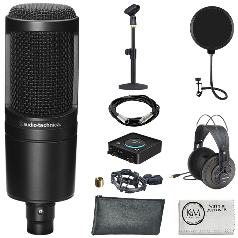 Audio-Technica AT2050 Multi-Pattern Condenser Microphone Bundle with Studio Headphones + XLR Cable + Pop Filter + Icon Pro Audio USolo Recording Interface + Mic Stand + Cleaning Cloth (7 Items)