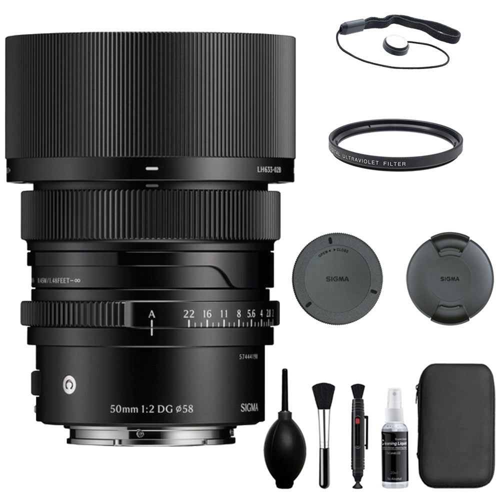 Sigma 50mm f/2 DG Contemporary Lens Compatible with E Mount (Full Frame) Bundle with 58mm UV Filter + Lens Cap Keeper + Deluxe Cleaning Kit + Cleaning Cloth (5 Items)