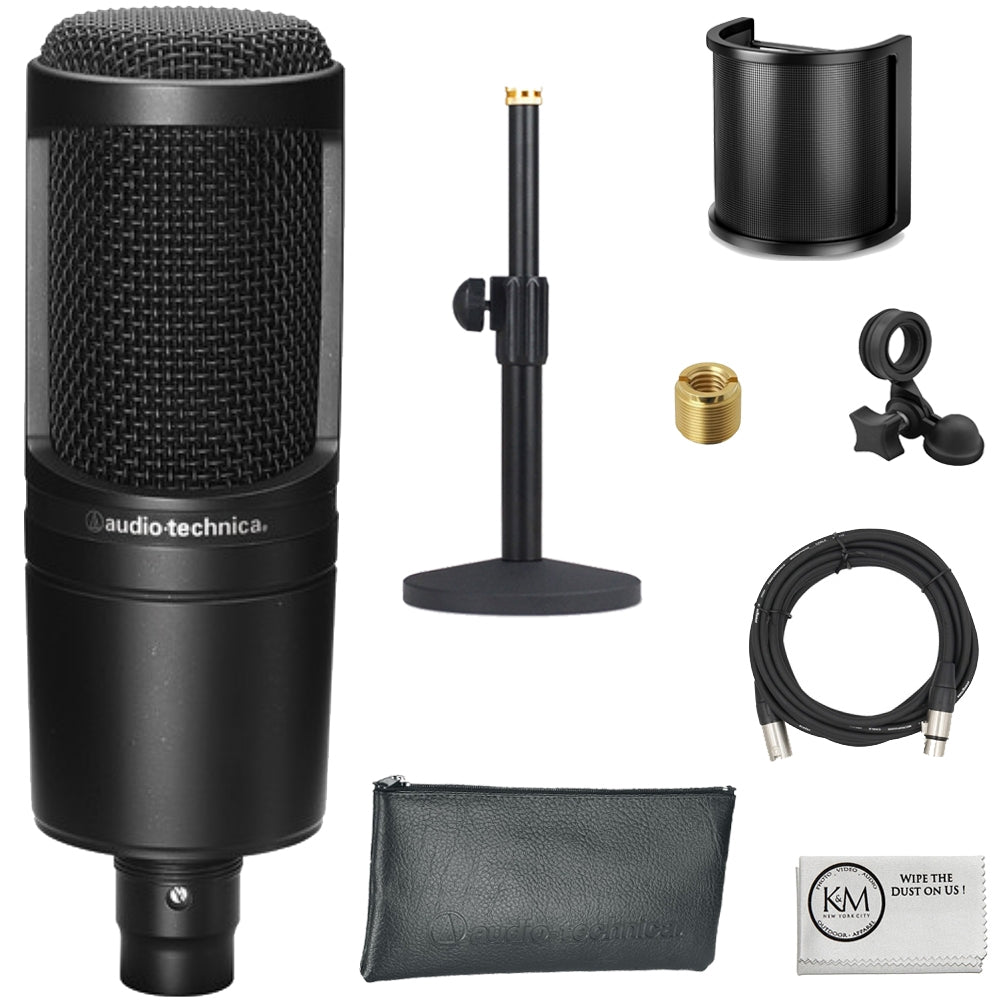 Audio-Technica AT2020 Cardioid Condenser Microphone Bundle with Desktop Stand + U-Shaped Shield Pop Filter + XLR Cable + Cleaning Cloth (5 Items)