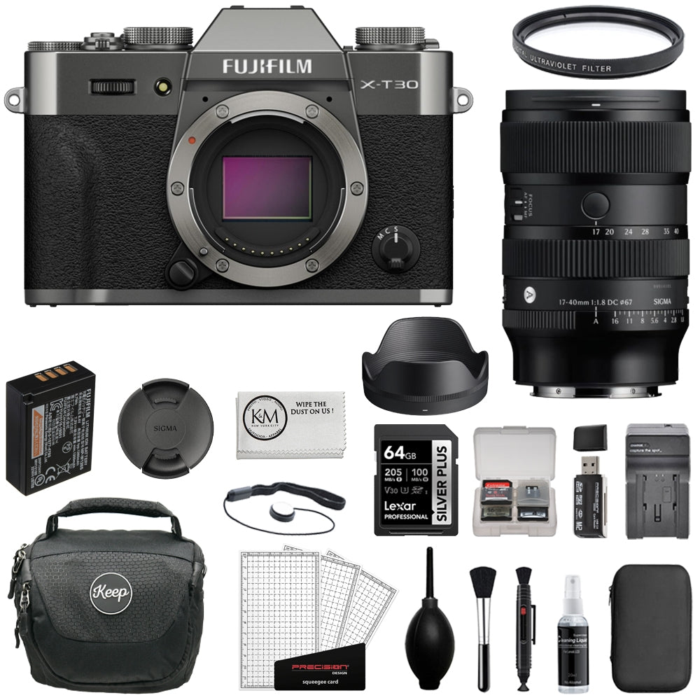 FUJIFILM X-T30 III Mirrorless Digital Camera (Charcoal) Bundle with Sigma 17-40mm f/1.8 D.C. Art Lens + 64GB Card + Card Reader + UV Filter + Battery Charger + Camera Bag + Cleaning Kit (12 Items)