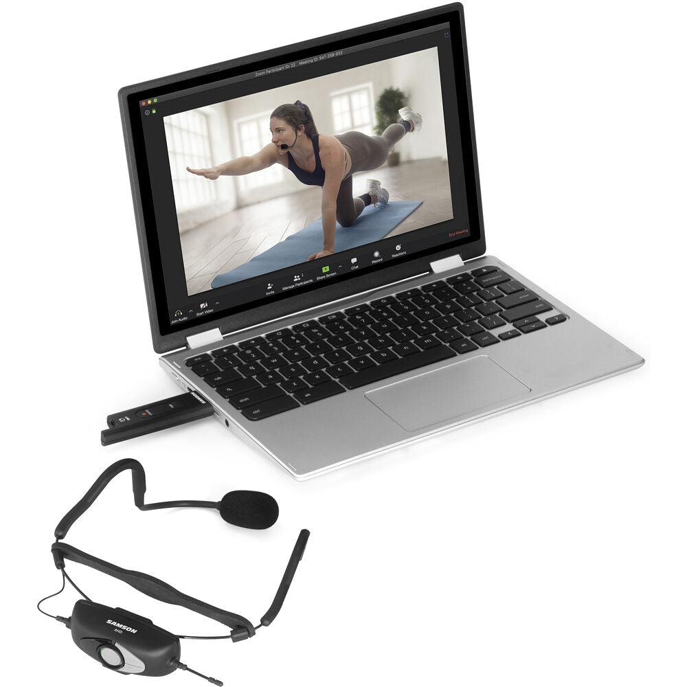 Samson AirLine XD USB Fitness Headset System | 2.4 GHz with Samson Expedition Escape+ 6 Portable PA System + Colorful Mic Windscreens + Cloth (4 Items)