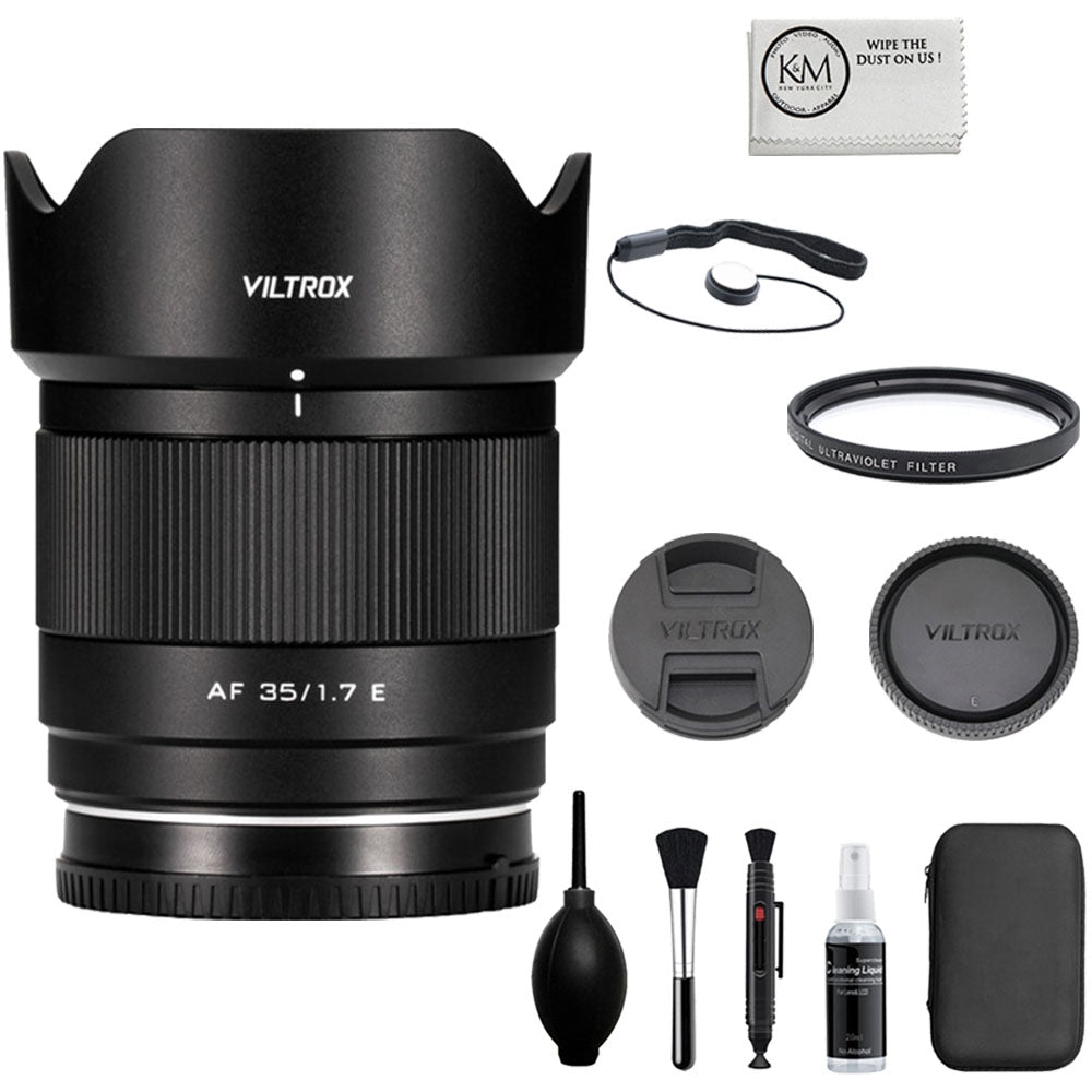 Viltrox AF 35mm f/1.7 E Lens Compatible with Sony E Mount Bundle with UV Filter + Lens Cap Keeper + Cleaning Kit + Cleaning Cloth (5 Items)