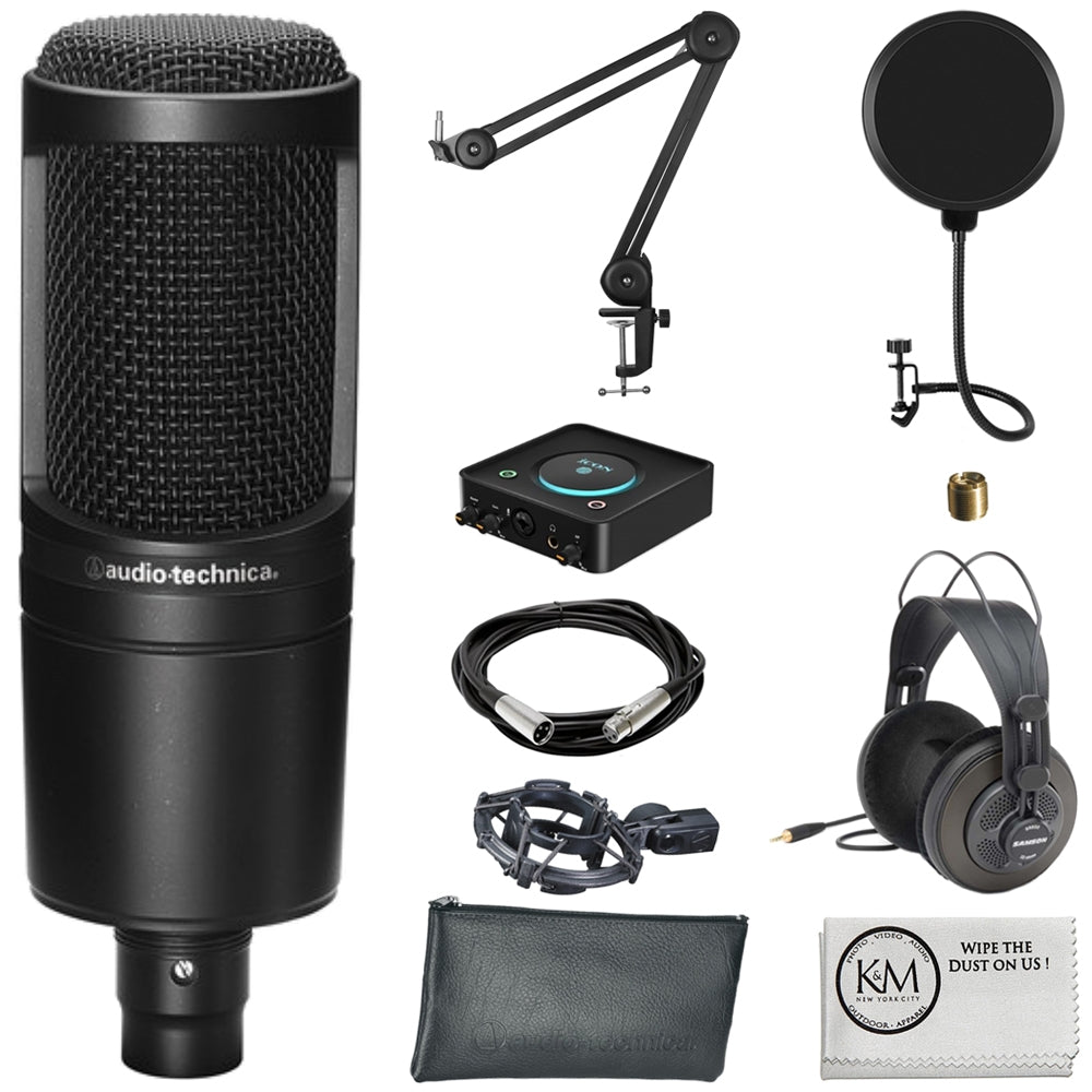 Audio-Technica AT2035 Cardioid Condenser Microphone Bundle with Studio Headphones + XLR Cable + Pop Filter + Icon Pro Audio USolo Recording Interface + Mic Arm + Cleaning Cloth (7 Items)