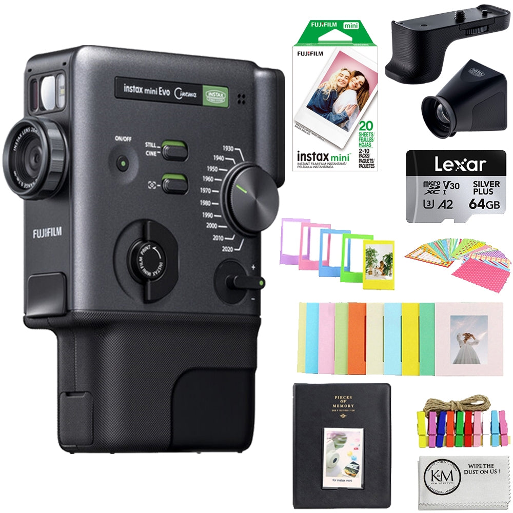 Fujifilm Instax Mini Evo Cinema Hybrid Instant Camera Bundle with 20 Exposures Mini Instant Film + 64GB Micro SD Card + Mini Album, Borders, Stickers & Clips (5 Items)