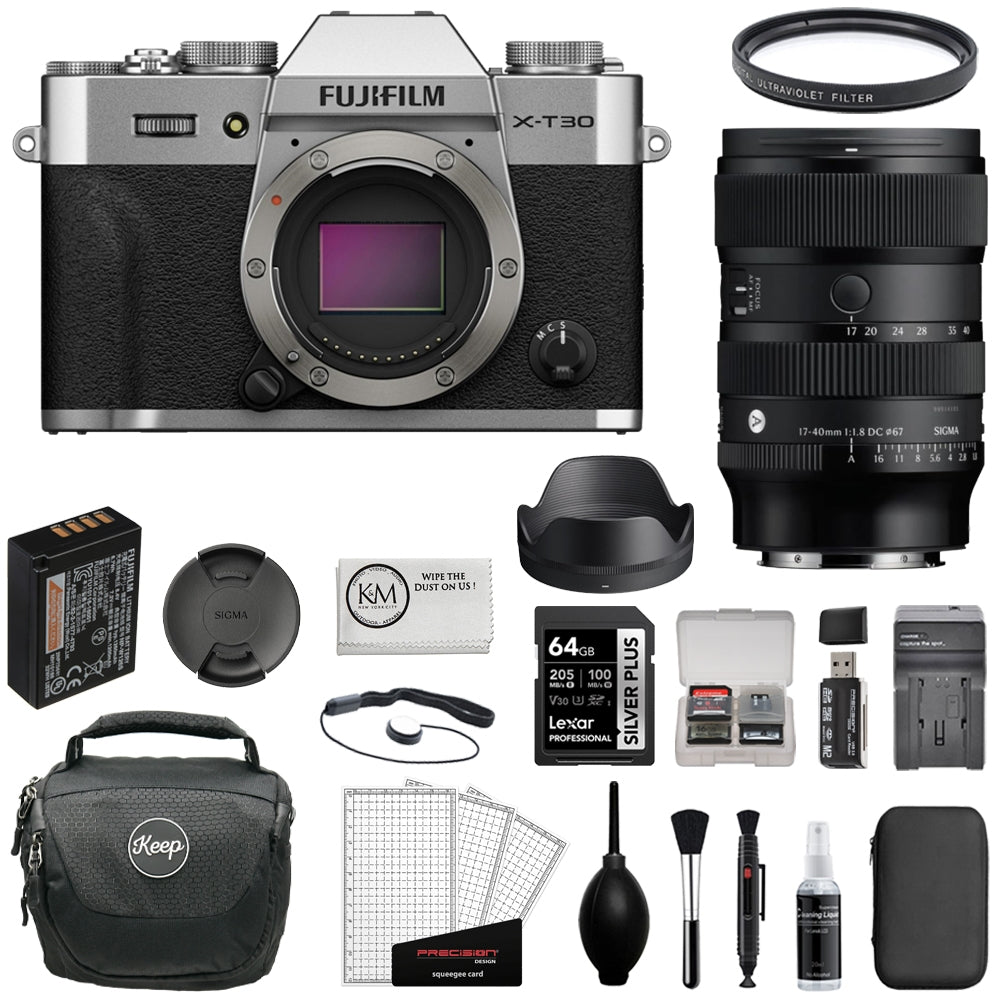 FUJIFILM X-T30 III Mirrorless Digital Camera (Silver) Bundle with Sigma 17-40mm f/1.8 D.C. Art Lens + 64GB Card + Card Reader + UV Filter + Battery Charger + Camera Bag + Cleaning Kit (12 Items)