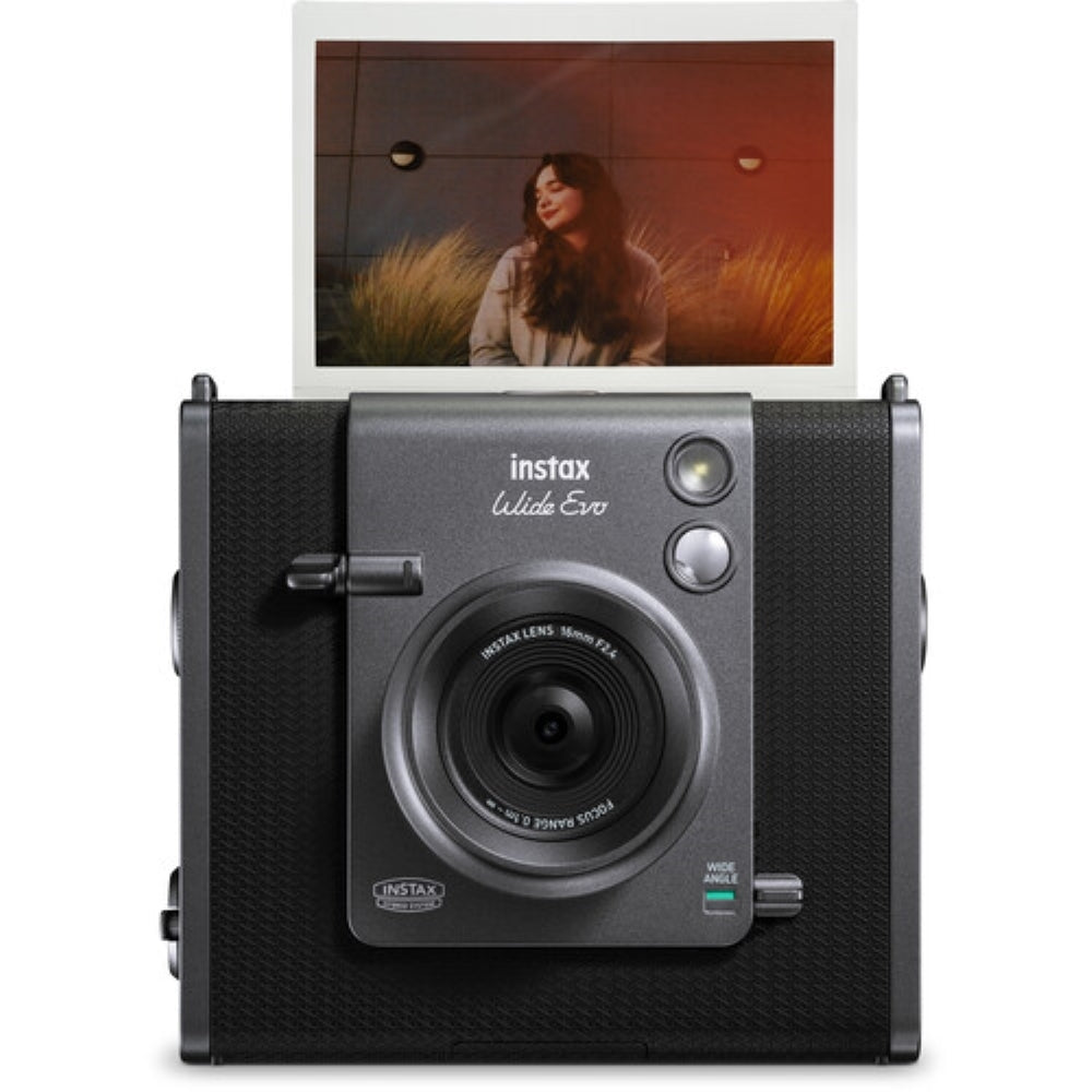 FUJIFILM INSTAX WIDE EVO Hybrid Instant Camera | Black Bundle with 10 Exposures of WIDE Brushed Metallics Film + 20 Exposures of WIDE Film + Wide Album & Colored Frames + Cleaning Cloth (5 Items)