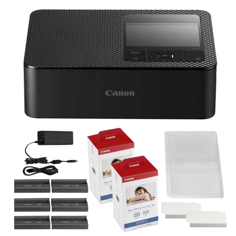 Canon SELPHY CP1500 Compact Photo Printer | Black with 2 x Canon KP-108IN Color Ink And Paper Set (3 Items)