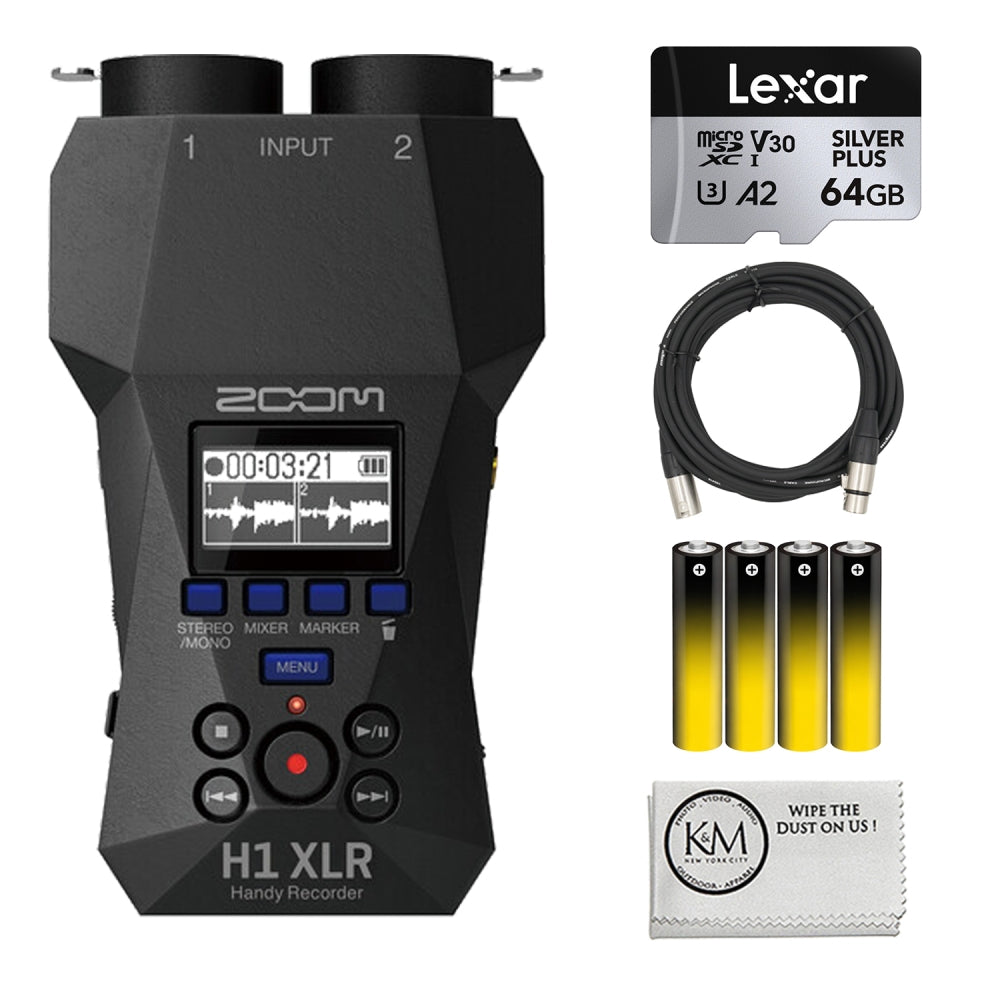 Zoom H1 XLR Portable Audio Recorder for Video Bundled with 64GB Micro SD Card + XLR Cable + 4 AA Batteries + Microfiber Cloth (5 Items)