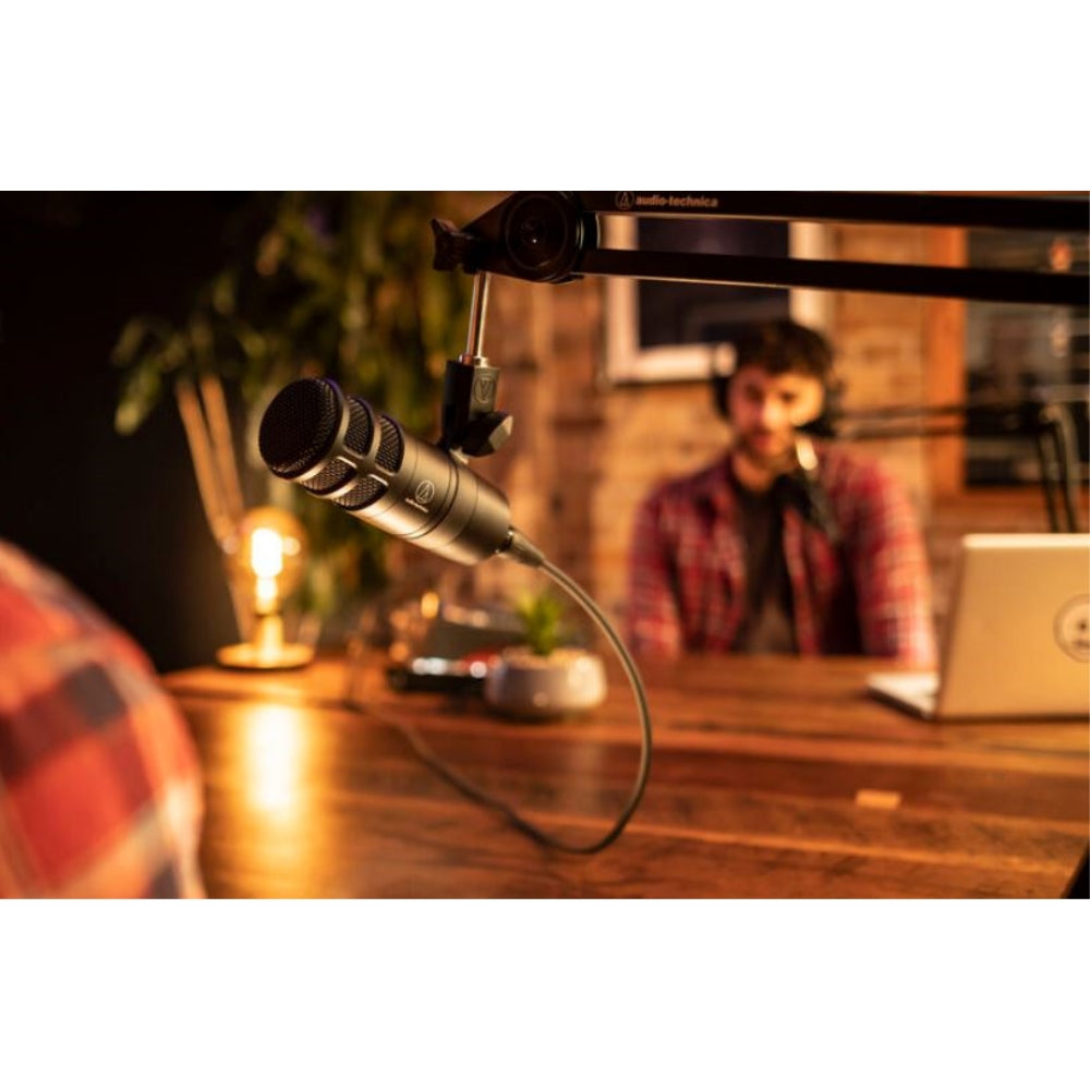 Audio-Technica AT2040 Hypercardioid Dynamic Podcast Microphone Bundle with Studio Headphones + 20ft XLR Cable + AT8176 Foam Windscreen + Microphone Desktop Stand + Cleaning Cloth (6 Items)
