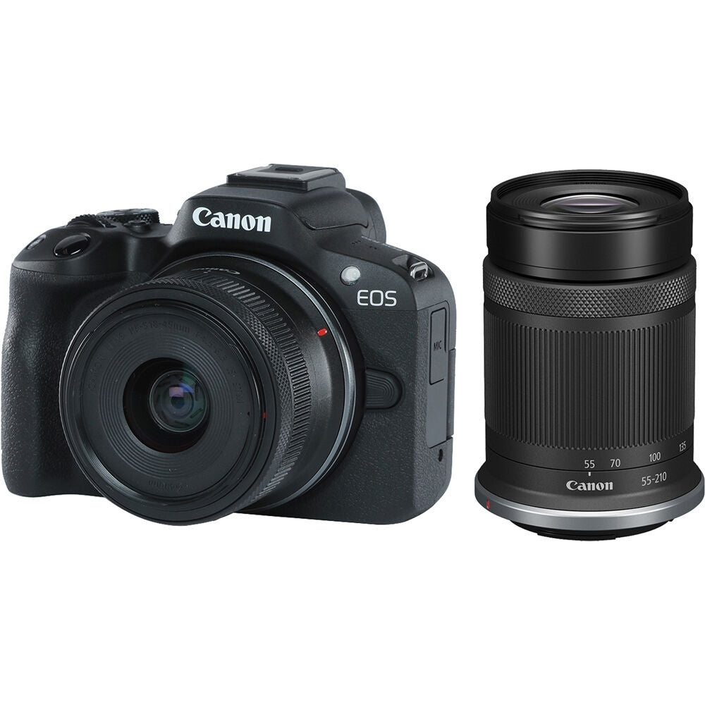 Canon EOS R50 Mirrorless Camera |18-45mm and 55-210mm Lenses | Black Bundled With 64GB Memory Card + 2 x UV Filters + Canon 200ES Camera Bag + Microfiber Cloth (6 Items)