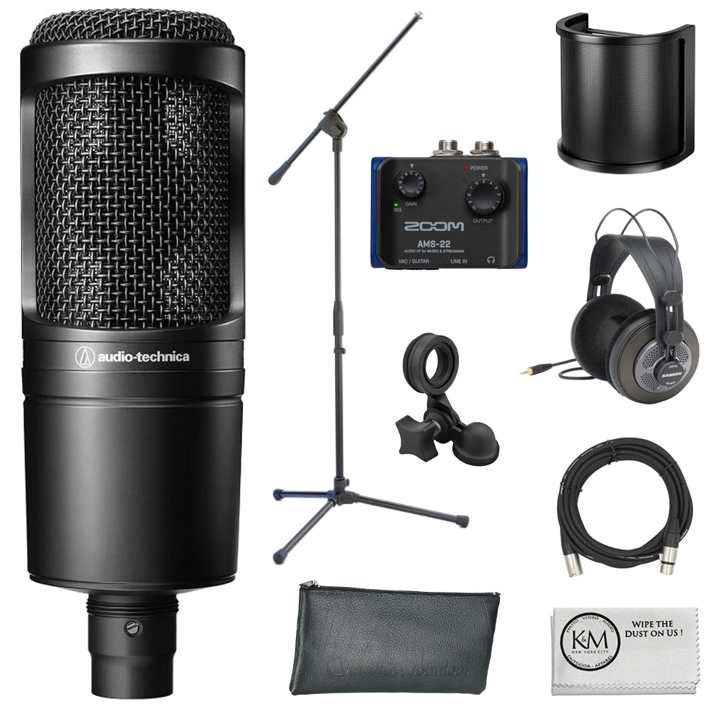 Audio-Technica AT2020 Cardioid Condenser Microphone Bundle with Audio Interface + Studio Headphones + Microphone Stand + Pop Filter + XLR Cable + Cleaning Cloth (7 Items)