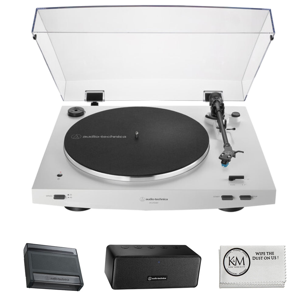 Audio-Technica Consumer AT-LP3XBT Fully Automatic Two-Speed Turntable with Bluetooth (White) Bundle with AT-SP65XBT Portable Wireless Bluetooth Speaker & Cleaning Tool & Record Cover Stand (4 Items)