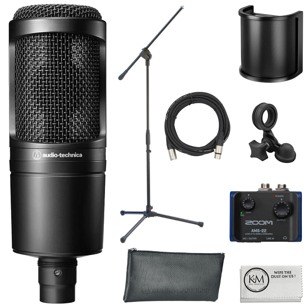 Audio-Technica AT2020 Cardioid Condenser Microphone Bundle with Audio Interface + Microphone Stand + Pop Filter + XLR Cable + Cleaning Cloth (6 Items)