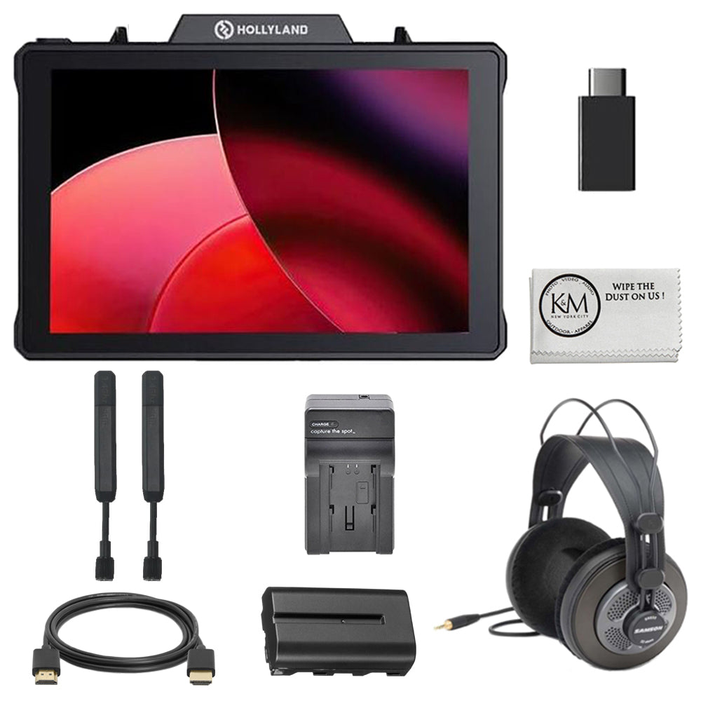 Hollyland Pyro 7 Wireless Transceiver Monitor Bundle with Headphones + HDMI Cable + Battery + Battery Charger + Cleaning Cloth (6 Items)