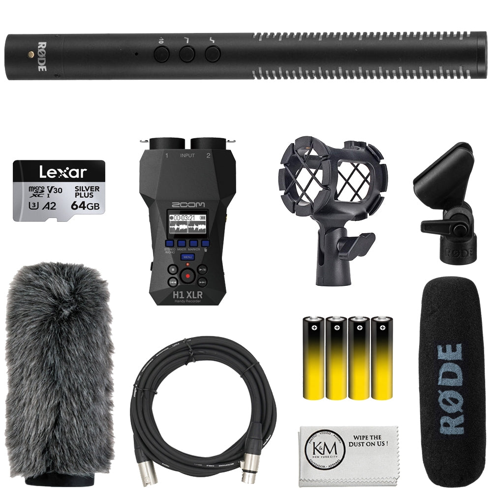Rode NTG4 Shotgun Microphone w/ Digital Switches Bundle with H1 Handy Recorder + 64GB Memory Card + Shockmount + Fur Windshield + 4 Pack AA Batteries (8 Items)