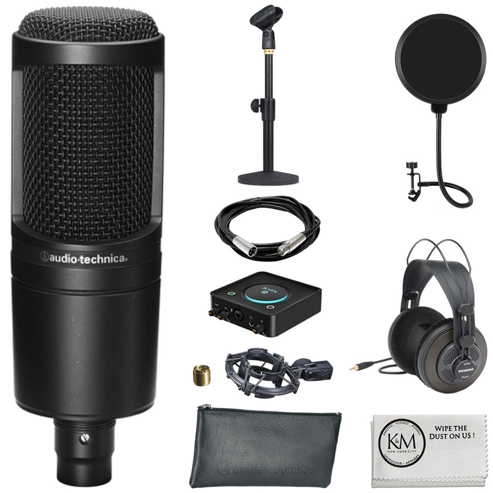 Audio-Technica AT2035 Cardioid Condenser Microphone Bundle with Studio Headphones + XLR Cable + Pop Filter + Icon Pro Audio USolo Recording Interface + Mic Stand + Cleaning Cloth (7 Items)