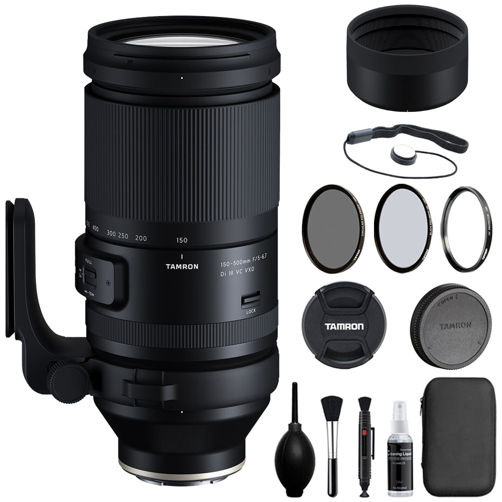Tamron 150-500mm f/5-6.7 Di III VC VXD Lens Compatible with E Mount (Full Frame) Bundle with Tiffen Filter Set + Lens Cap Keeper + Deluxe Cleaning Kit + Cleaning Cloth (5 Items)